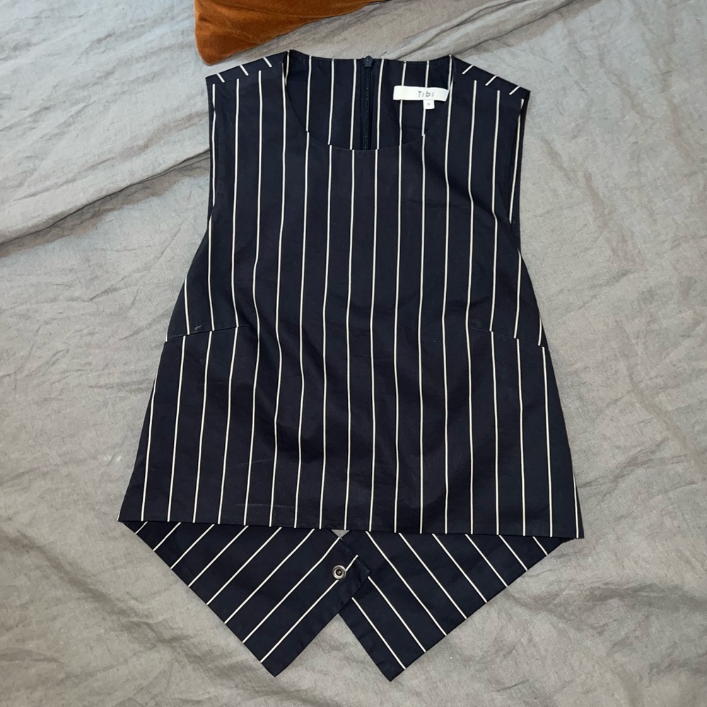 TIBI— Navy Striped Sleeveless Top w/ Cutout